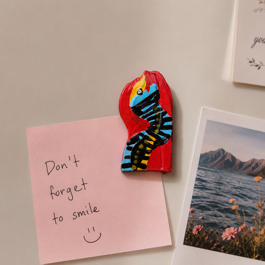Colorful magnet of snake with stripe pattern holding a pink note with 'Don't forget to smile' text, next to a scenic photo of mountains and flowers. - Sustainable Home Decor