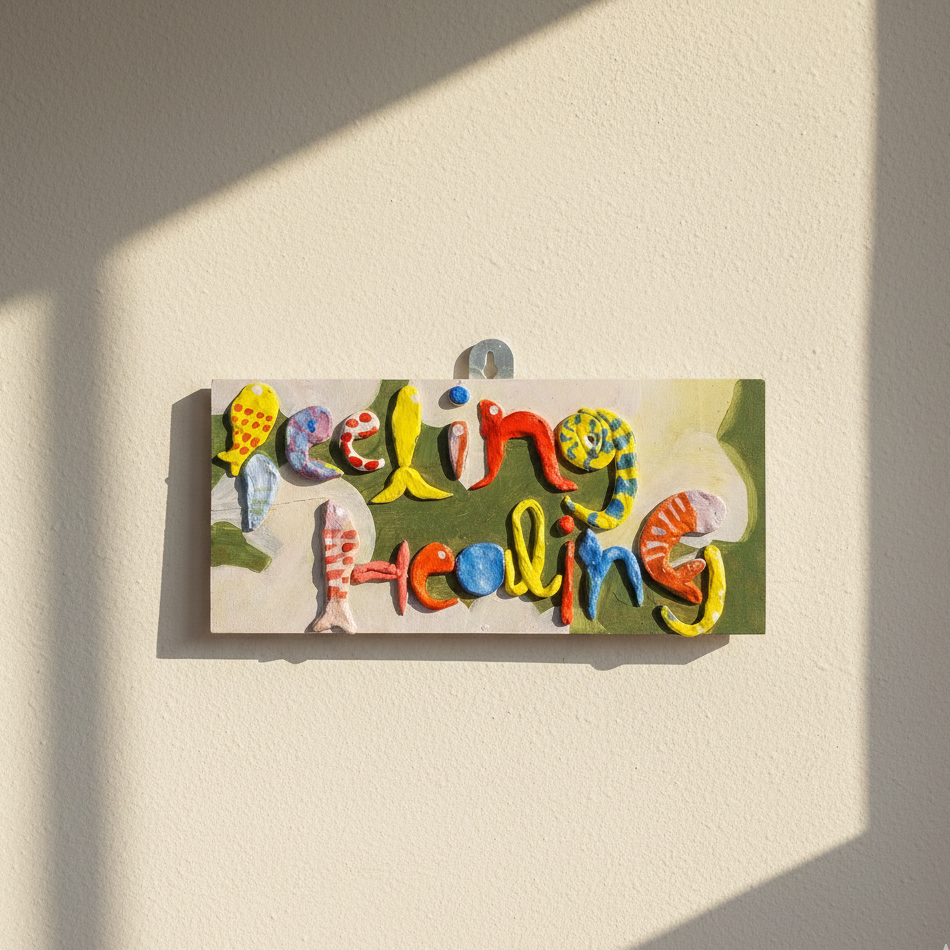 Vibrant aesthetic art 'Feeling Healing' sign hand-crafted on a wooden base hanged on a light background 