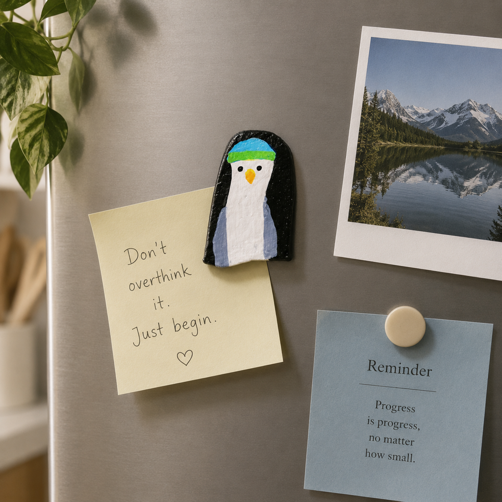 Artistic bird shaped magnet hold small notes on the refrigerator with other naturistic photo and reminder note. - Sustainable Home Decor