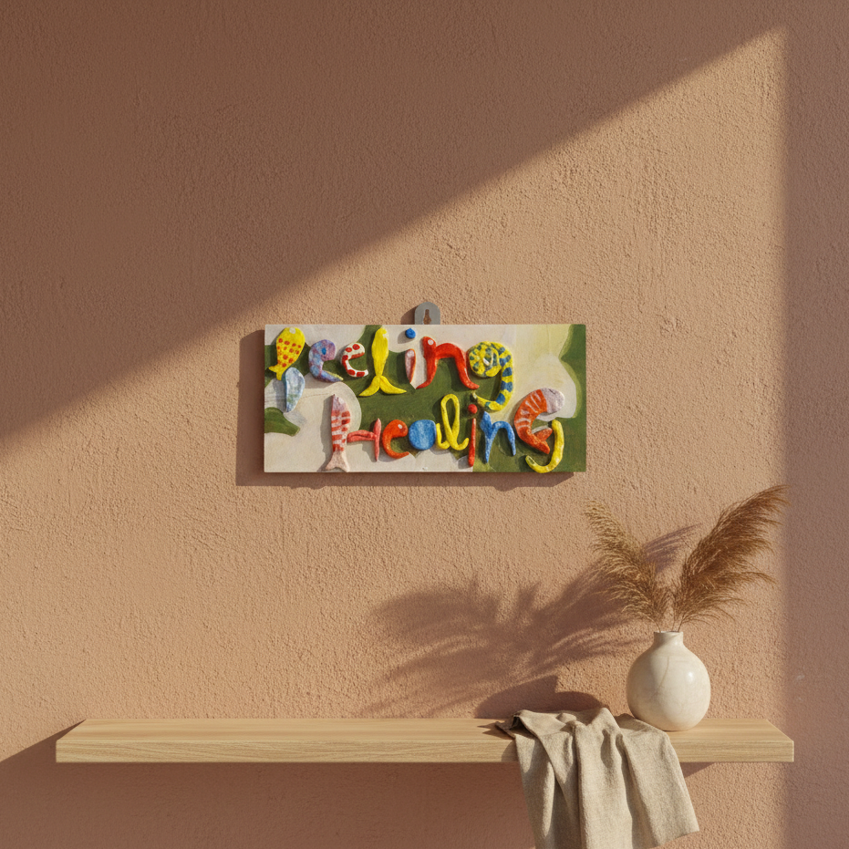 Colorful wall art with designer hand-crafted 2d text hanged on a beige wall, casting shadows.