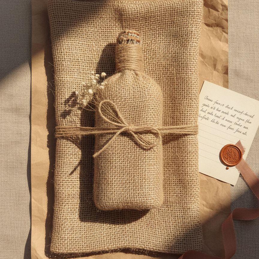 Bottle wrapped in jute cover with a card on a textured surface showing how will a meaningful green gift from Kalakarwaa will look like!