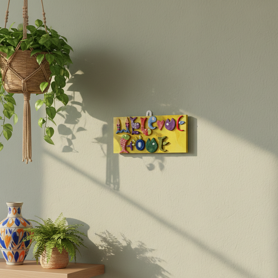Colorful wall art with text welcome home crafted with designed alphabets hanged on a light gray wall, surrounded by plants and a vase.