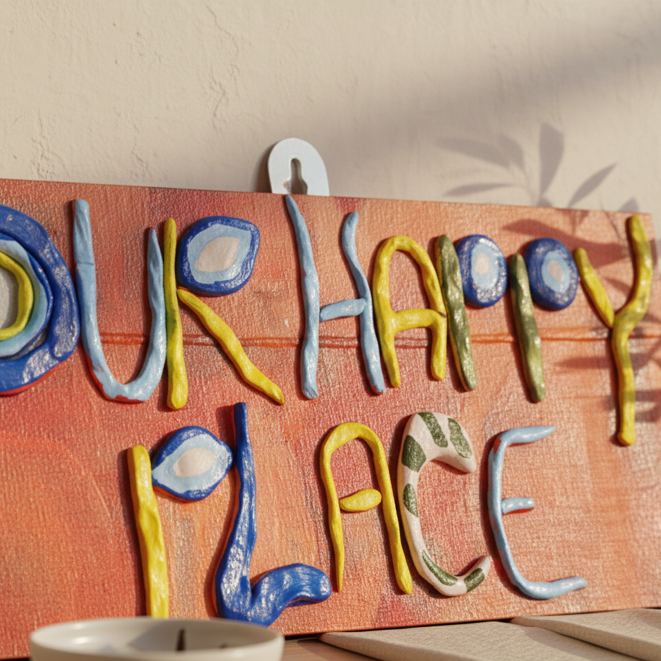 Decorative sign with 'OUR HAPPY PLACE' text on a wooden board.