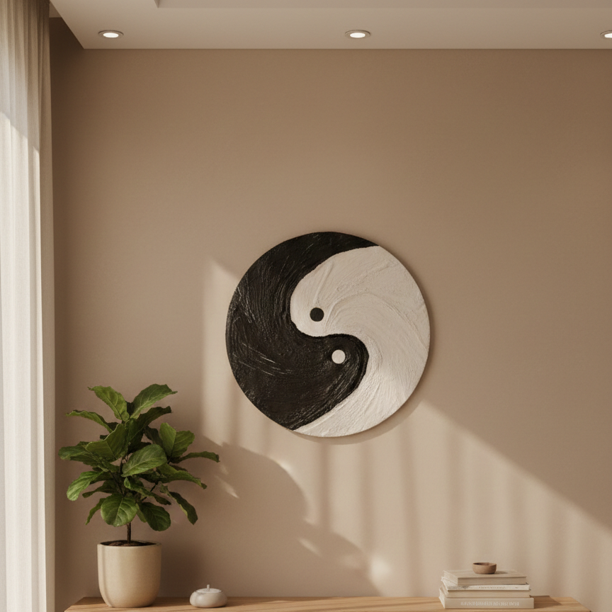 Artistic Yin and yang symbol hanged on a wall above a wooden bench with a plant and books in a room.