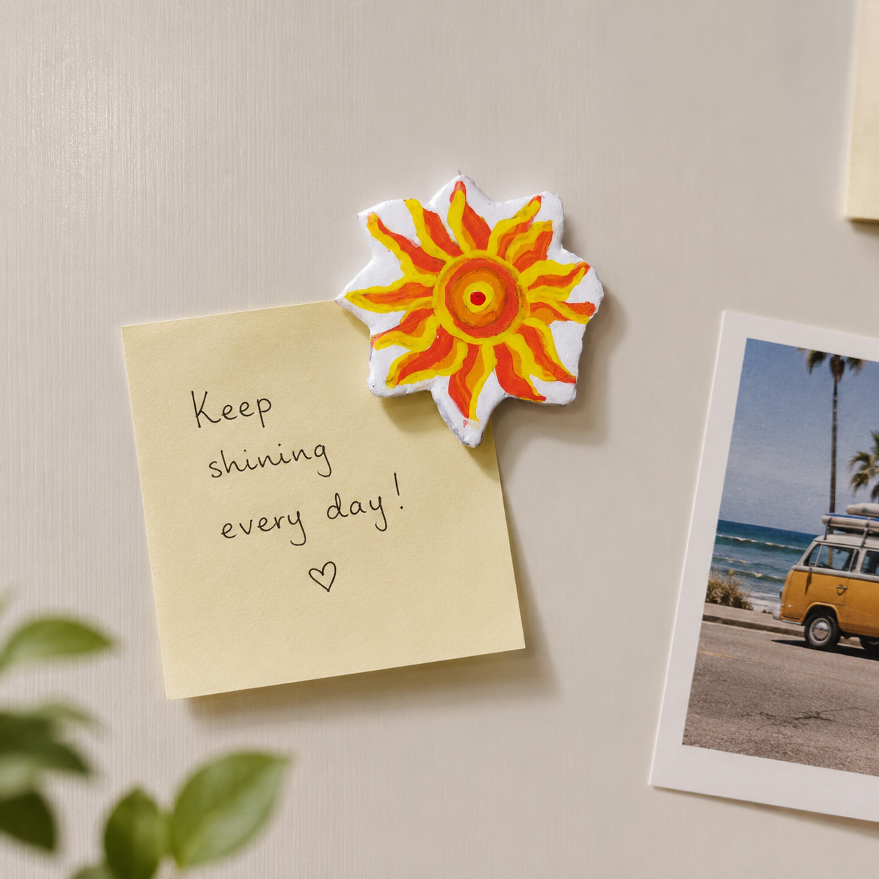 Sun-shaped magnet on a yellow notepad with 'Keep shining every day!' text, next to a beach photo. - Sustainable Home Decor & Upcycled Glass