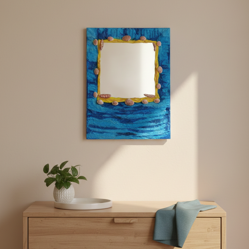 Upcycled mirror with a blue textured background hanging on a white wall above a wooden dresser.