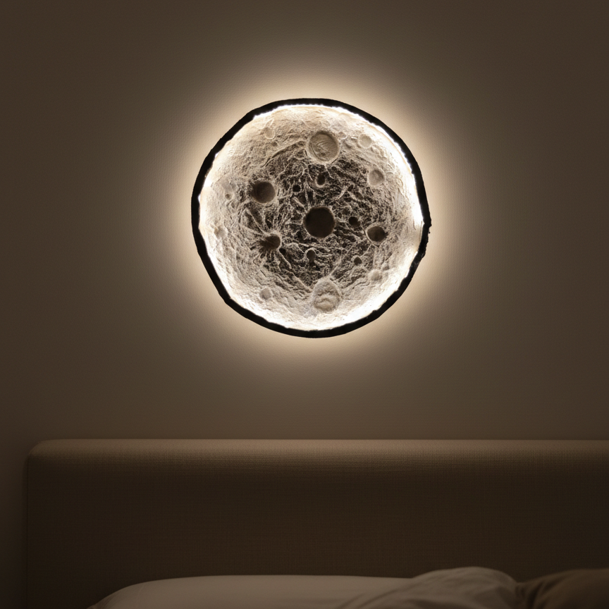 Round 3d textured artistic wall light fixture resembling a moon on a hanged on a dark wall above a bed.