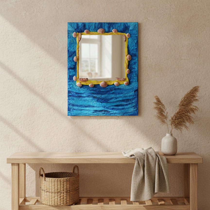 Artistic Hand-crafted functional mirror using eco-friendly materials with blue textured frame on a beige wall above a wooden bench.