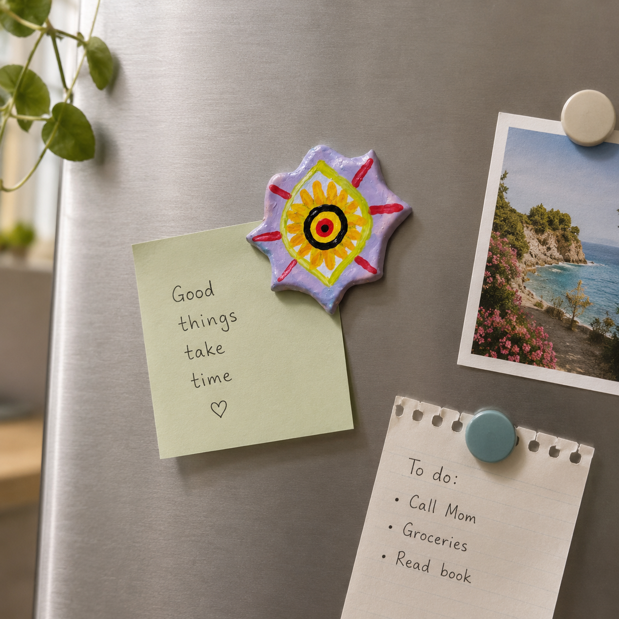 Functional art sun-shaped magnet on a refrigerator with notes and a photo attached. - Sustainable Home Decor & Upcycled Glass