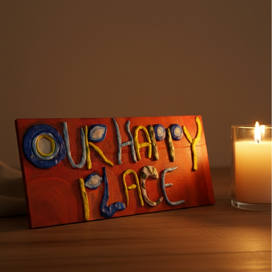 Decorative sign with 'Our Happy Place' text next to a lit candle on a wooden surface.