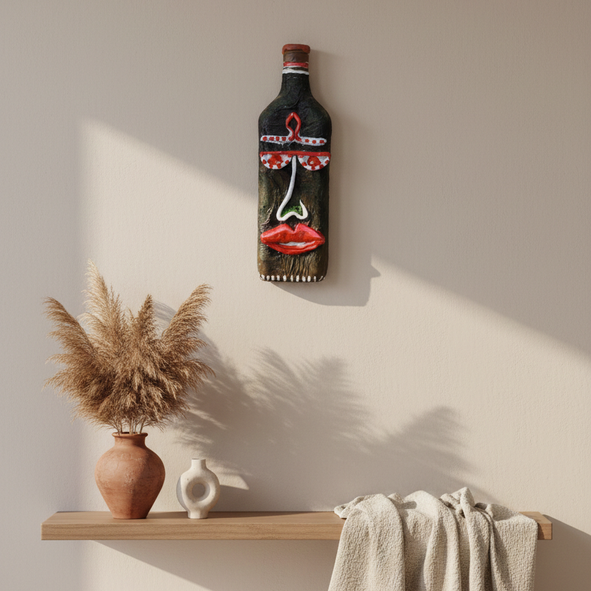 Upcycled decorative wall art inspired from mythical stories of devil face as nazar guardian  hanged on white wall with a vase and towel on a shelf below.