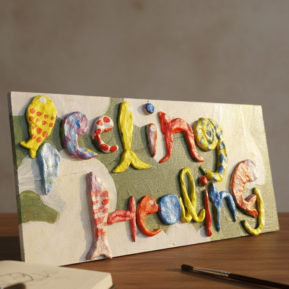 Colorful 3D lettering creating textures on a wooden surface with a paint brush and notebook in the background.