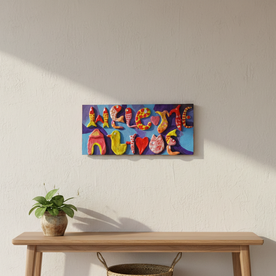 Colorful hand-crafted 2d abstract painting with welcome home text hanged on a wall above a wooden table with a plant and basket.