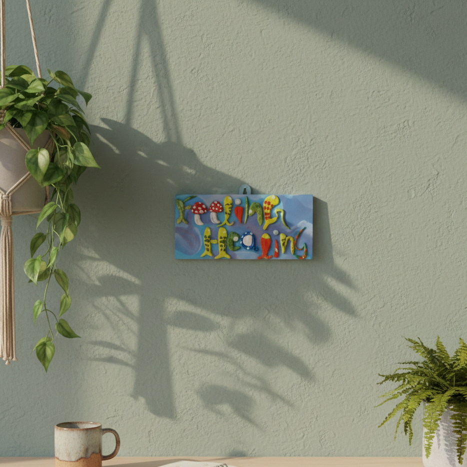Decorative wall art with colorful letters hanged on a light green wall above a wooden desk with plants and a mug.
