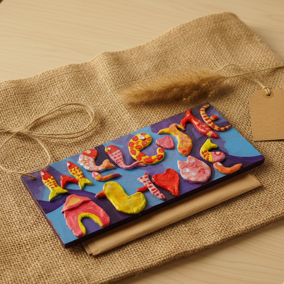 Colorful clay art on a rectangular wooden board lying on a jute burlap background.