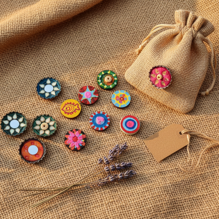 Colorful wooden miniature magnets on a jute fabric background with a small bag and tag.