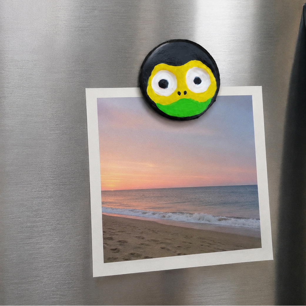 Artistic frog face Magnet holding naturistic image on grey refrigerator background. - Sustainable Home Decor & Upcycled Glass
