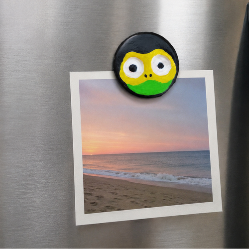 Artistic frog face Magnet holding naturistic image on grey refrigerator background.