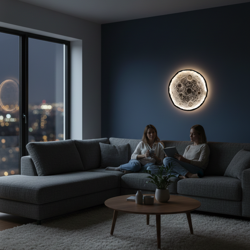 Two people sitting on a couch in a modern living room with an artistic moon wall light designed and crafted by Kalakarwaa using paperwaste..