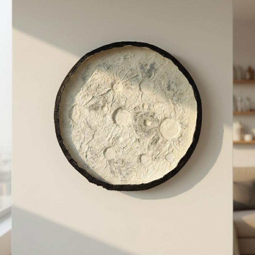 Round wall art piece resembling a moon or celestial design hanged on a neutral wall in day lighting setup.