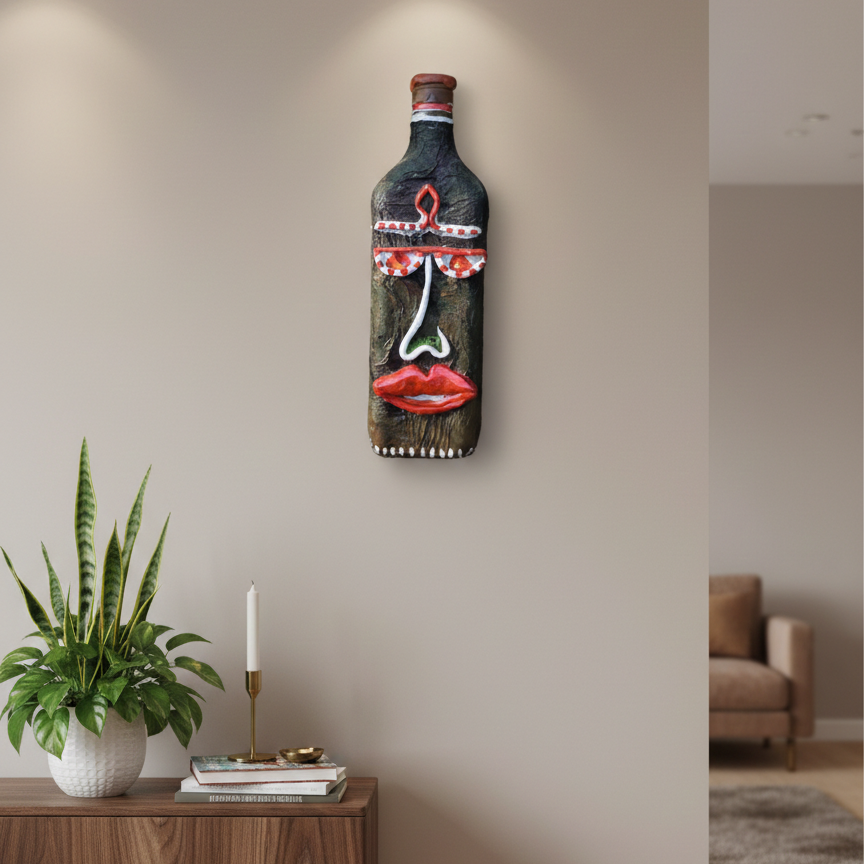 Devil face design as thoughtful nazar guardian hand-crafted sustainable wall art hanged on a off white wall at the home entrance.