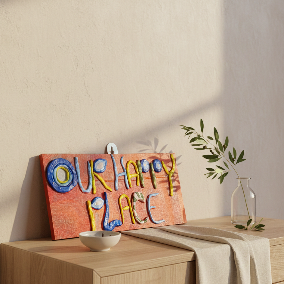 Decorative sign with 'Our Happy Place' on a wooden surface kept on a table top with a plant in the background