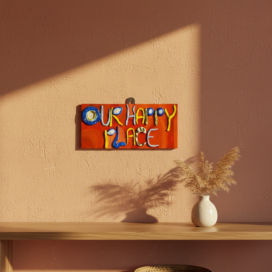Decorative hand-crafted wall decor  with 'Our Happy Place'  written in a raised texture, designed alphabets on a wooden base hanged on a off white wall with day ight shades.