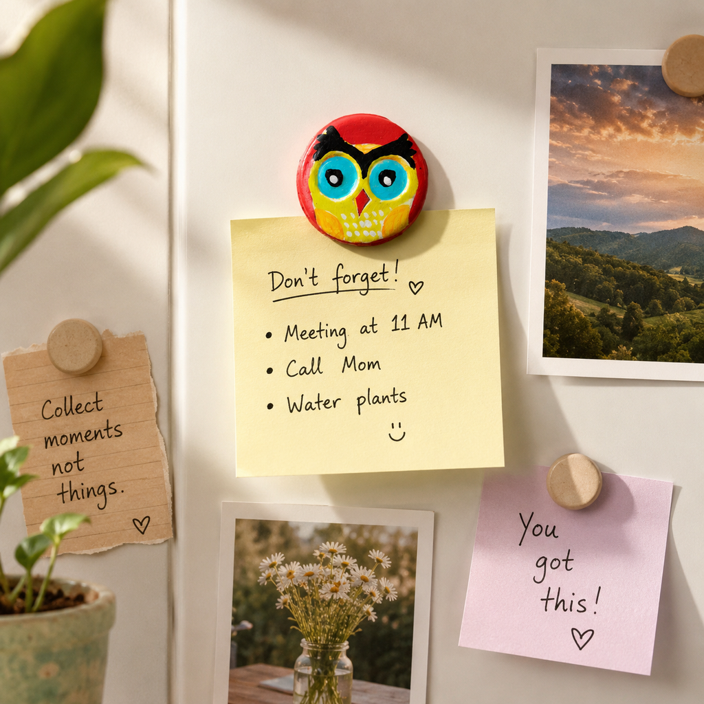 Magnetic owl holding a message on a white board with notes and photos. - Sustainable Home Decor