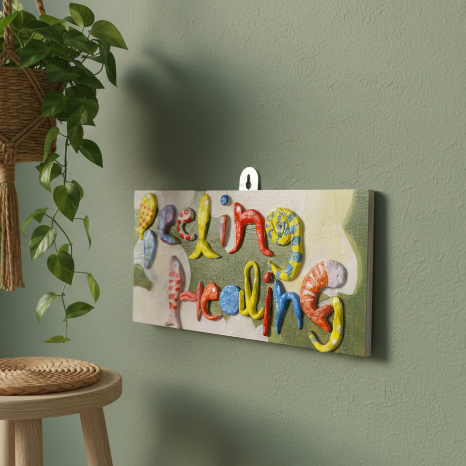 Colorful wall art with 'Feeling Healing' text on a green wooden background hanged on a wall with a plant and stool.