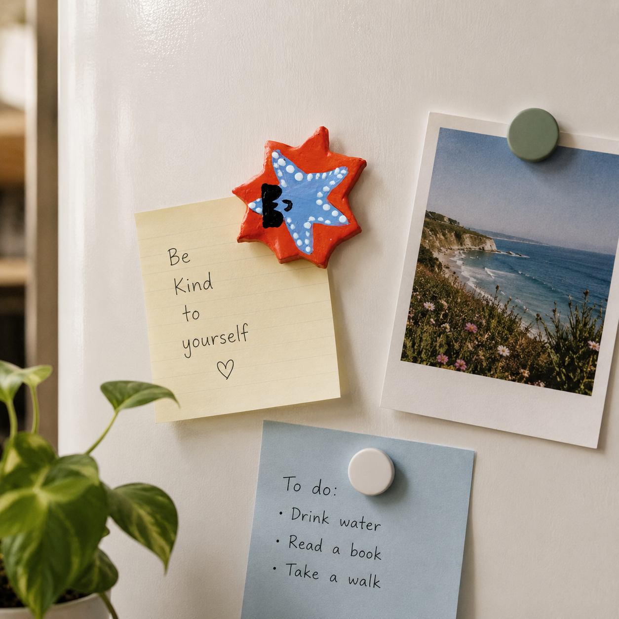 Magnetic items on a whiteboard including a star-shaped artistic magnet holding a beach photo, and notes. - Sustainable Home Decor & Upcycled Glass