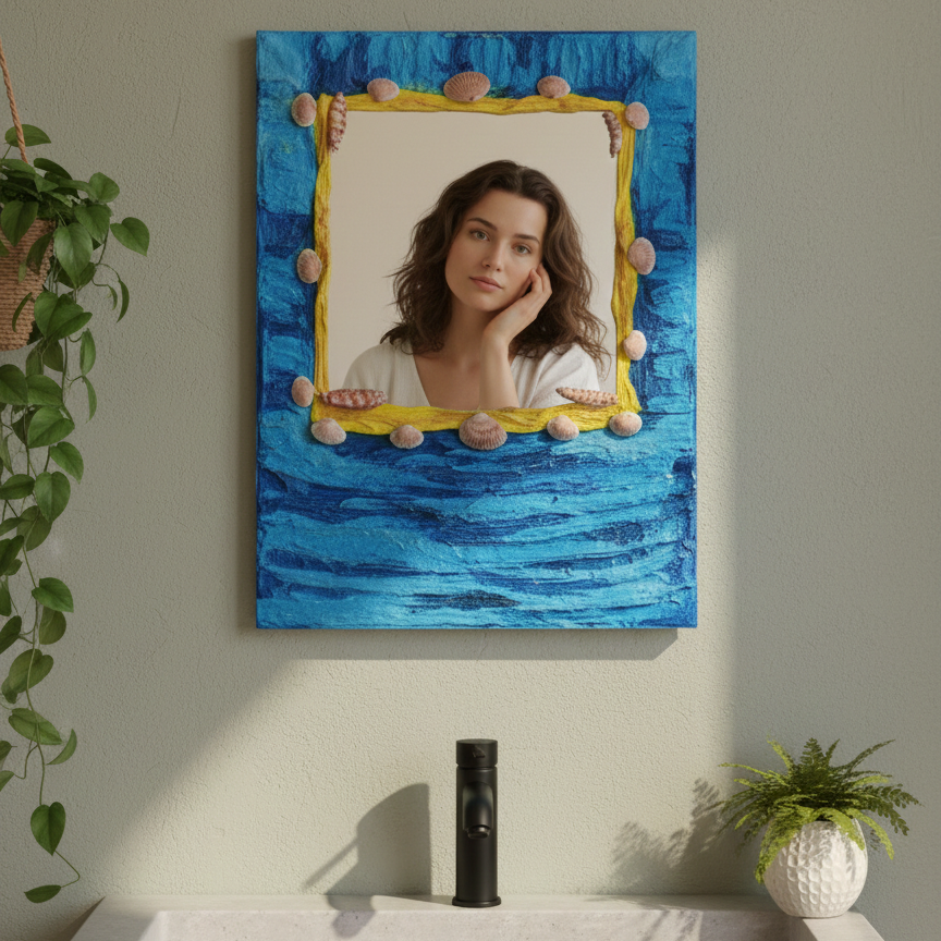 A woman looking herself in a designer mirror which is hanged on a white wall above a sink with live plant on sides.