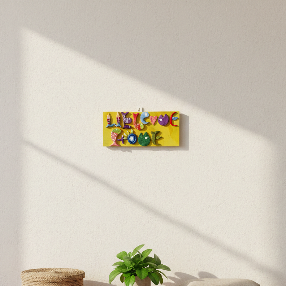 Colorful wall art with letters on a white wall above a wooden table with a plant and basket.