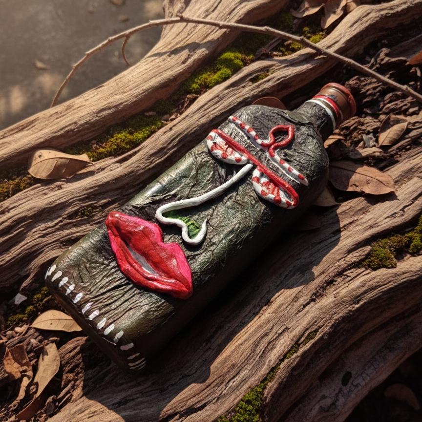 Decorative bottle with artistic devil face design placed on a wooden  surface in naturistic background.
