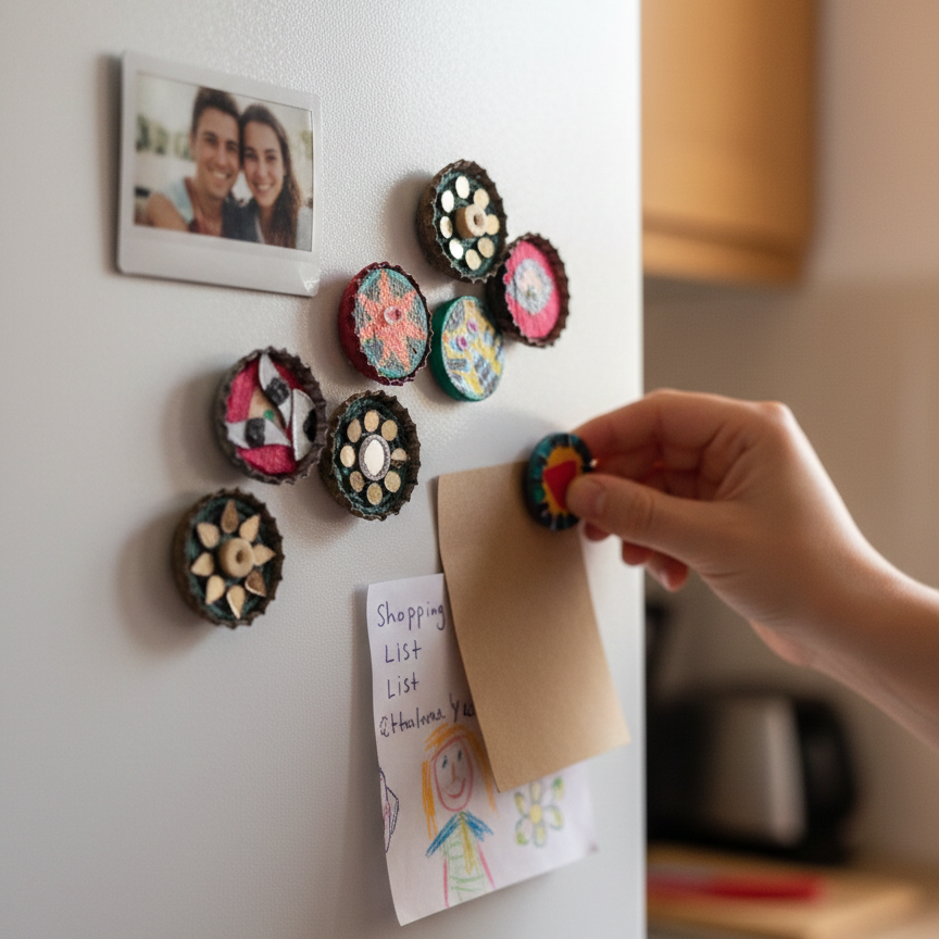 Hand placing a colorful magnet on a refrigerator with decorative magnets and putting a photo in the background using the miniature magnet.