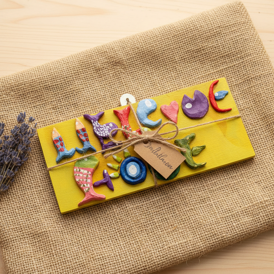 Colorful letter-shaped decorations on a yellow background wood base with a burlap background