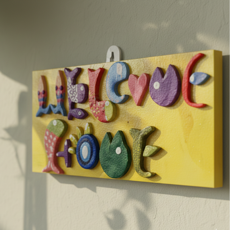 Colorful wooden sign with cut-out letters spelling 'Welcome home' on a yellow background.