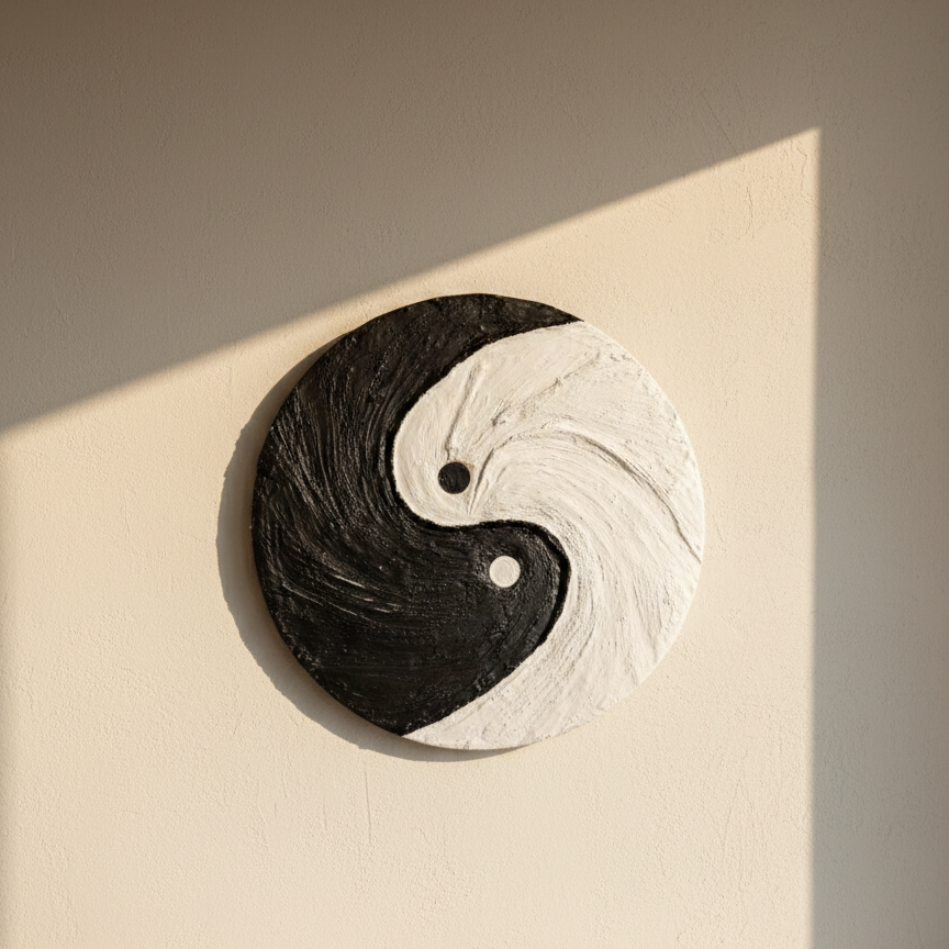 Hand-crafted textured Yin and yang symbol on a wall with a neutral background