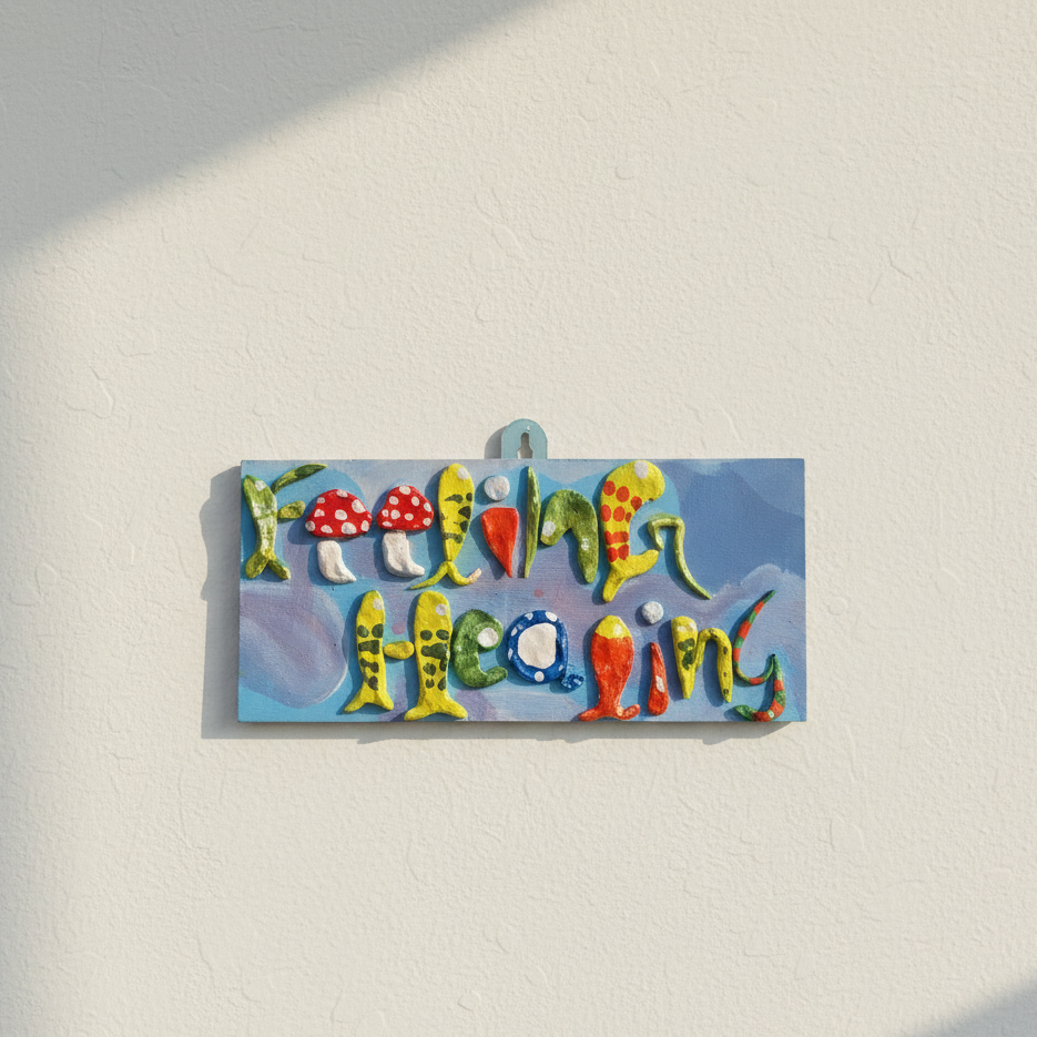 Colorful ceramic wall decor art with 'Feeling Healing' text  hanged on a light background wall
