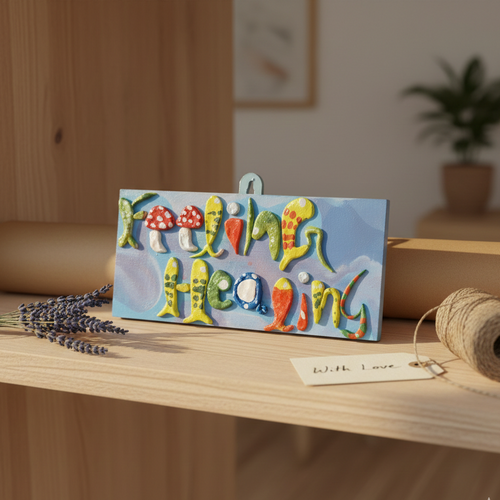 Decorative sign with had-crafted 2d colorful themed alphabets on a wooden shelf kept on a table top