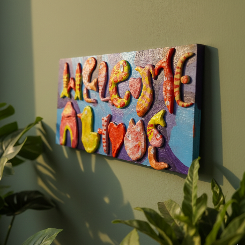 Colorful wall art with 'Welcome home' text hanged on a green wall - Sustainable Home Decor